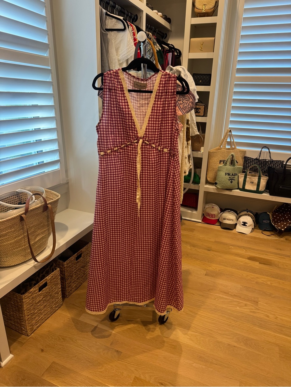 Sunday Red Gingham Sleeveless Midi Dress with Cream Trim